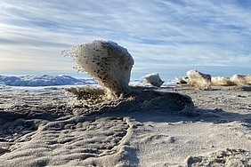 Seltsame Eisskulpturen am Strand